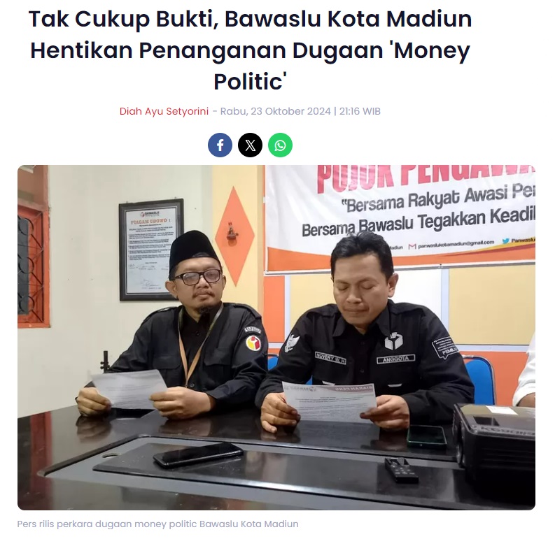 Tak Cukup Bukti, Bawaslu Kota Madiun Hentikan Penanganan Dugaan 'Money Politic'