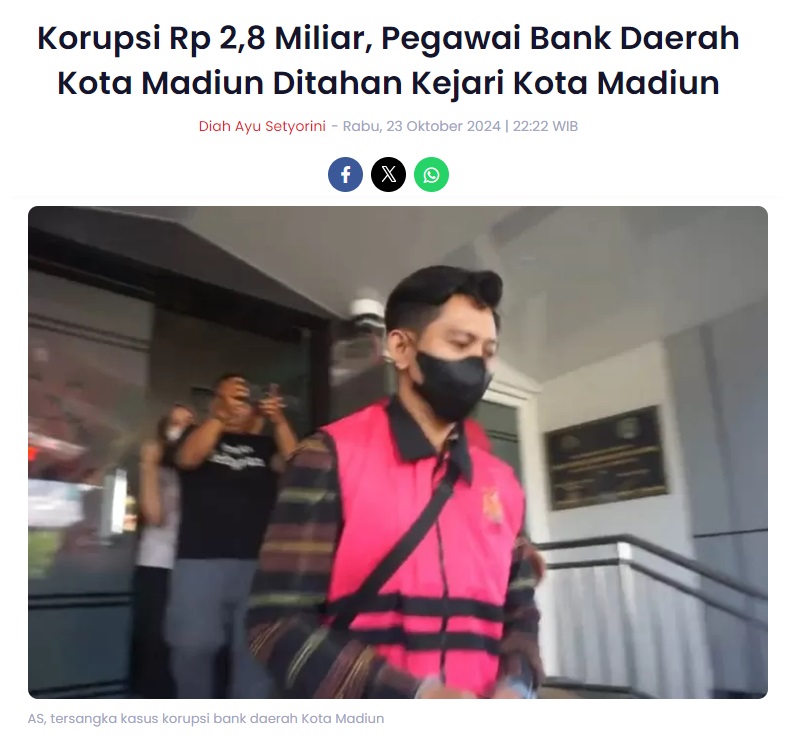 Korupsi Rp 2,8 Miliar, Pegawai Bank Daerah Kota Madiun Ditahan Kejari Kota Madiun