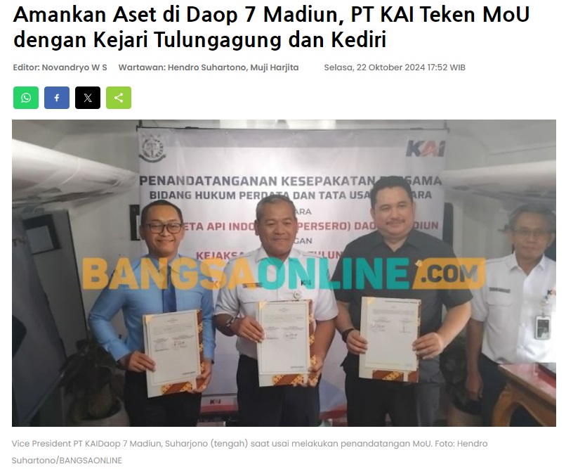 Amankan Aset di Daop 7 Madiun, PT KAI Teken MoU dengan Kejari Tulungagung dan Kediri