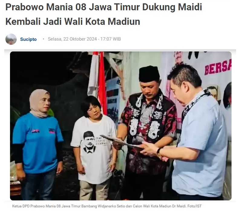 Prabowo Mania 08 Jawa Timur Dukung Maidi Kembali Jadi Wali Kota Madiun