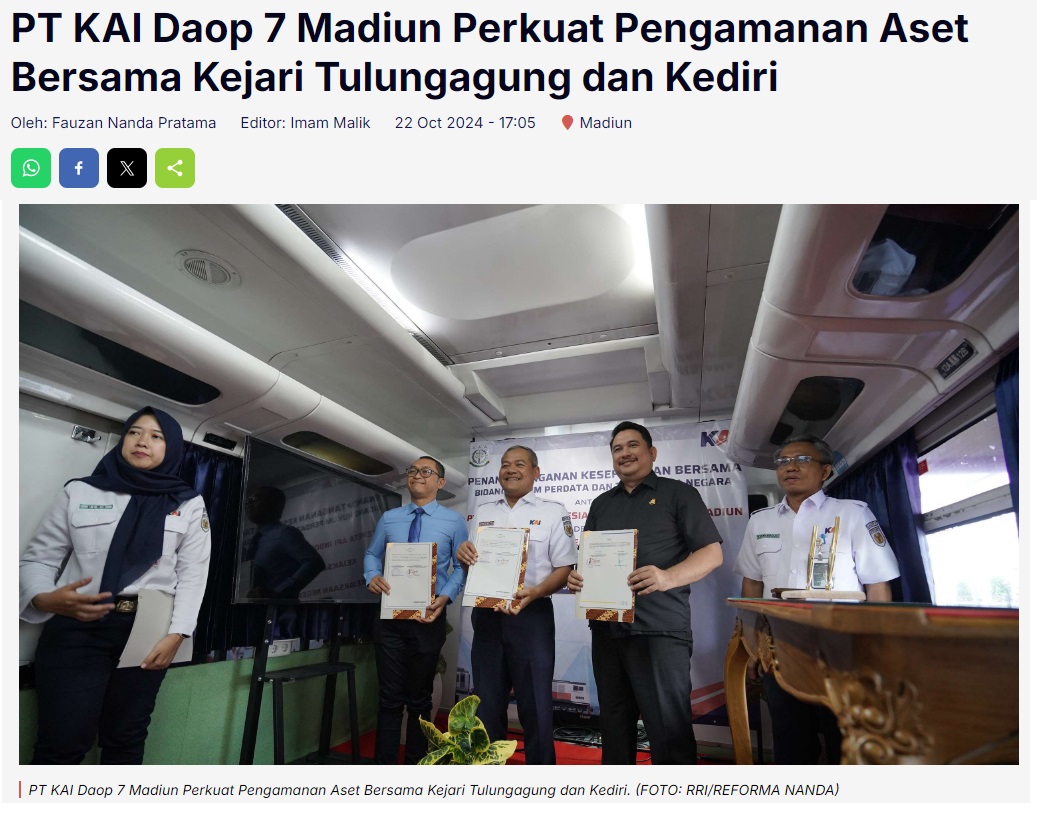 PT KAI Daop 7 Madiun Perkuat Pengamanan Aset Bersama Kejari Tulungagung dan Kediri