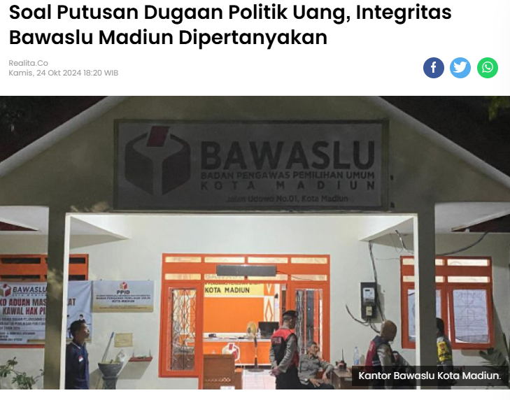 Soal Putusan Dugaan Politik Uang, Integritas Bawaslu Madiun Dipertanyakan