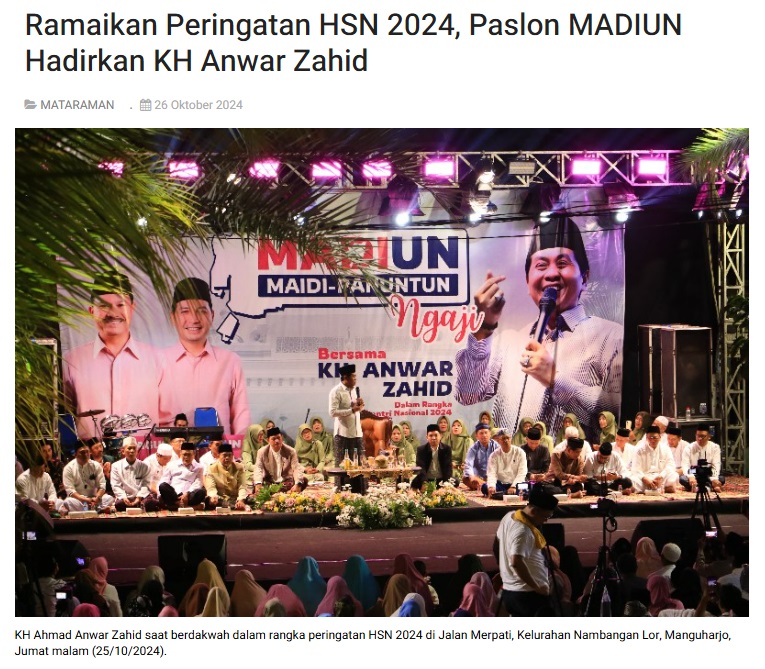 Ramaikan Peringati HSN 2024, Paslon MADIUN Hadirkan KH Anwar Zahid