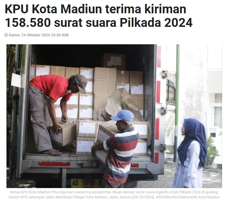 KPU Kota Madiun terima kiriman 158.580 surat suara Pilkada 2024