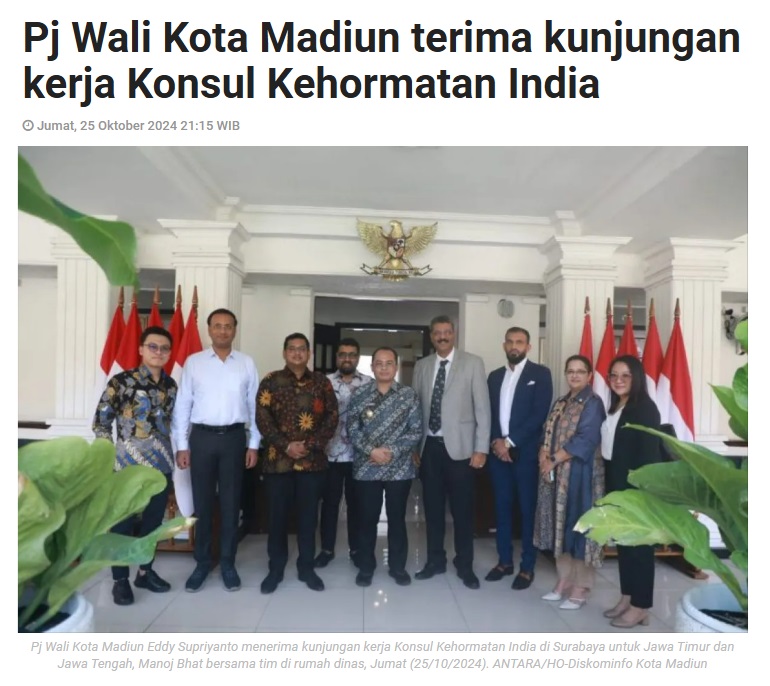 Pj Wali Kota Madiun terima kunjungan kerja Konsul Kehormatan India