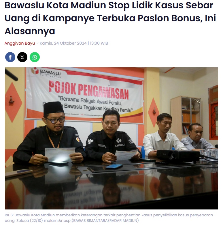 Bawaslu Kota Madiun Stop Lidik Kasus Sebar Uang di Kampanye Terbuka Paslon Bonus, Ini Alasannya