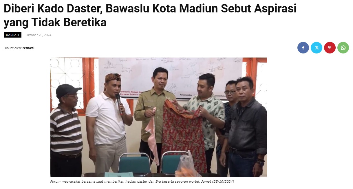 Diberi Kado Daster, Bawaslu Kota Madiun Sebut Aspirasi yang Tidak Beretika