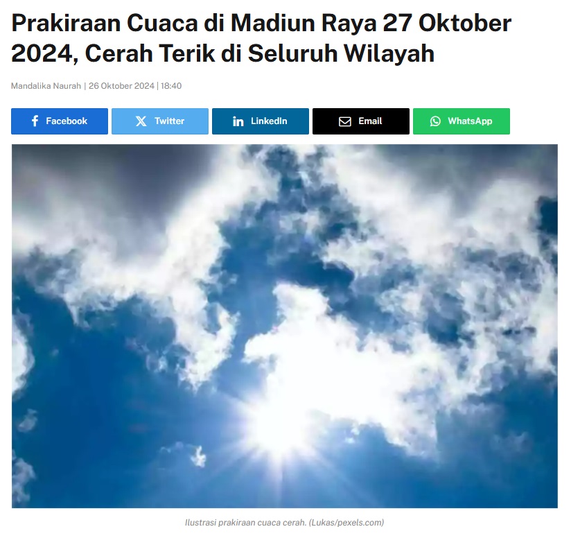 Prakiraan Cuaca di Madiun Raya 27 Oktober 2024, Cerah Terik di Seluruh Wilayah