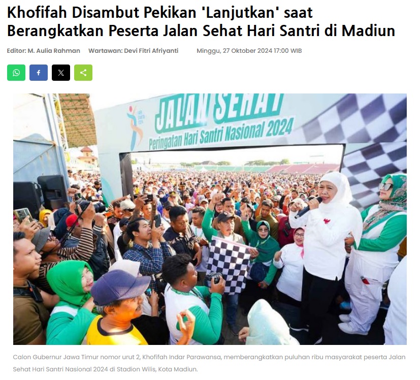 Khofifah Disambut Pekikan 'Lanjutkan' saat Berangkatkan Peserta Jalan Sehat Hari Santri di Madiun