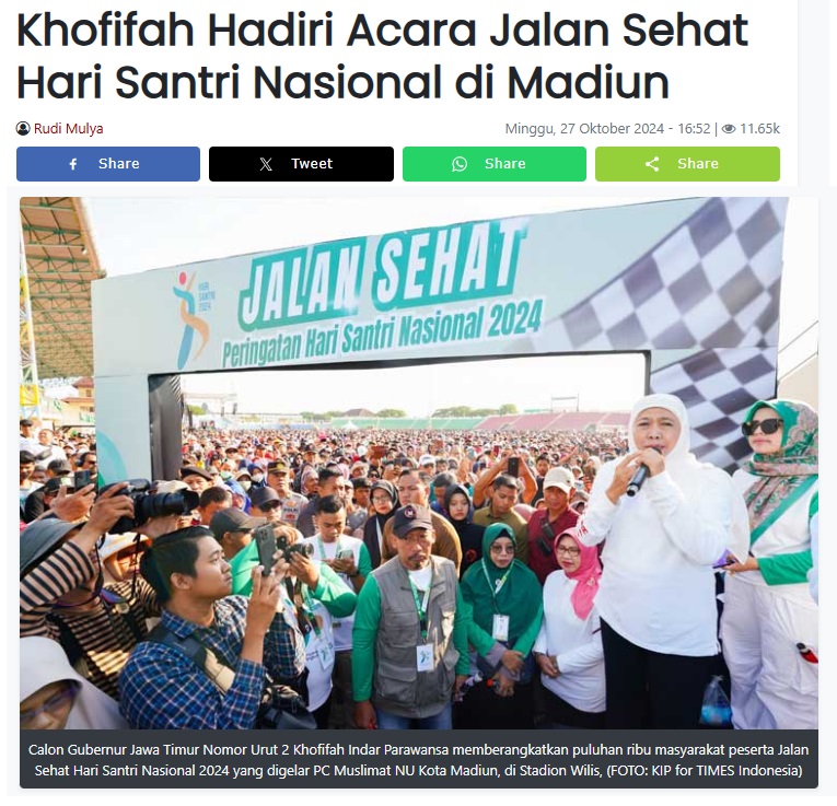 Khofifah Hadiri Acara Jalan Sehat Hari Santri Nasional di Madiun
