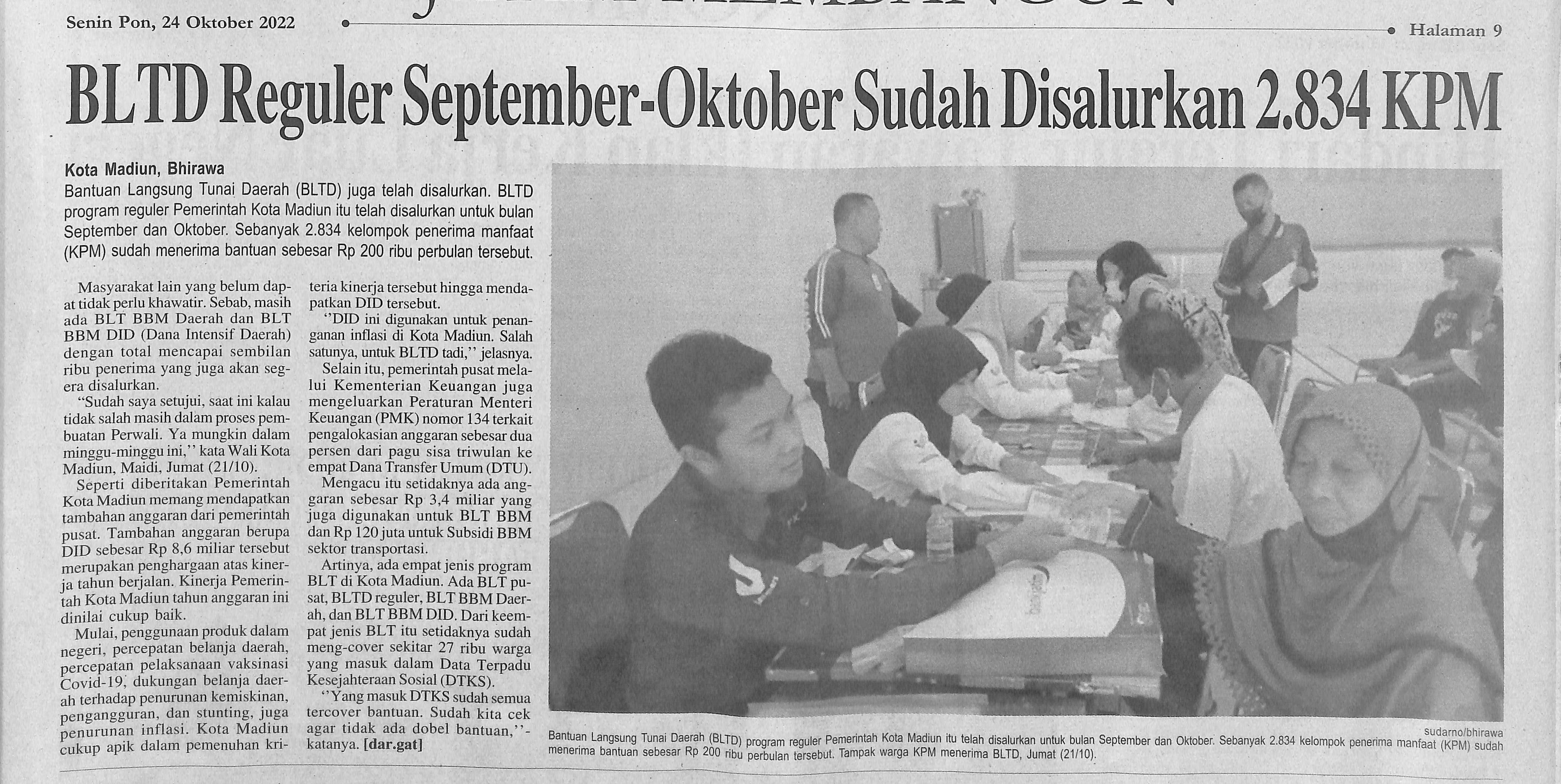 BLTD Reguler September-Oktober Sudah Disalurkan 2.834 KPM