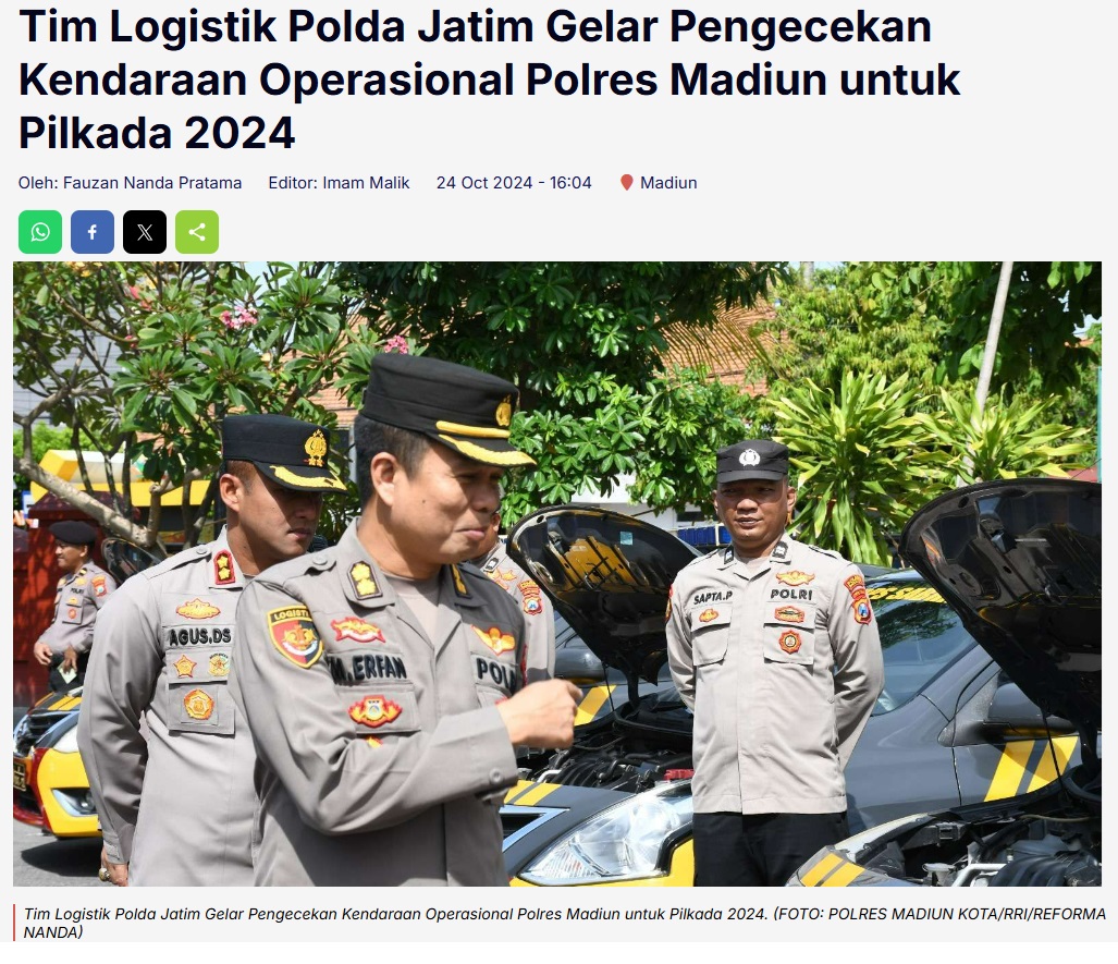 Tim Logistik Polda Jatim Gelar Pengecekan Kendaraan Operasional Polres Madiun untuk Pilkada 2024