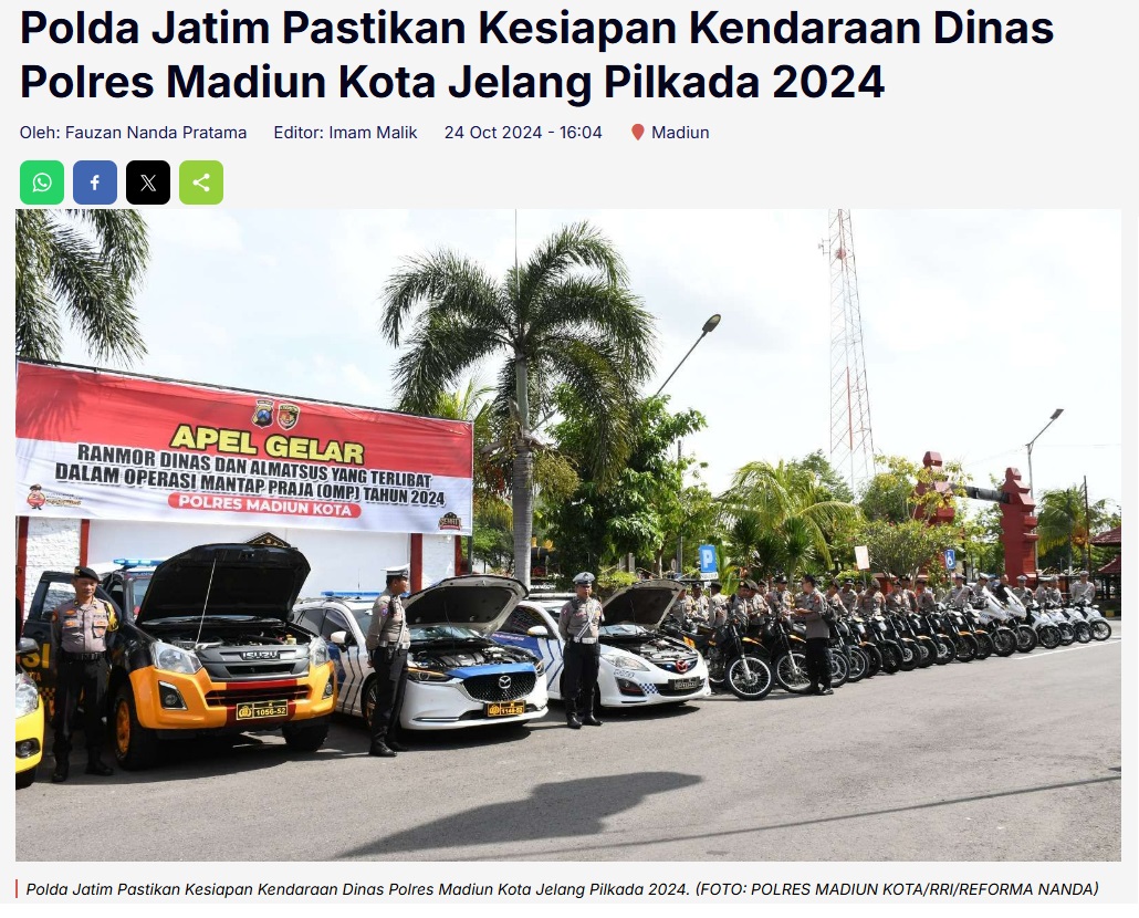 Polda Jatim Pastikan Kesiapan Kendaraan Dinas Polres Madiun Kota Jelang Pilkada 2024