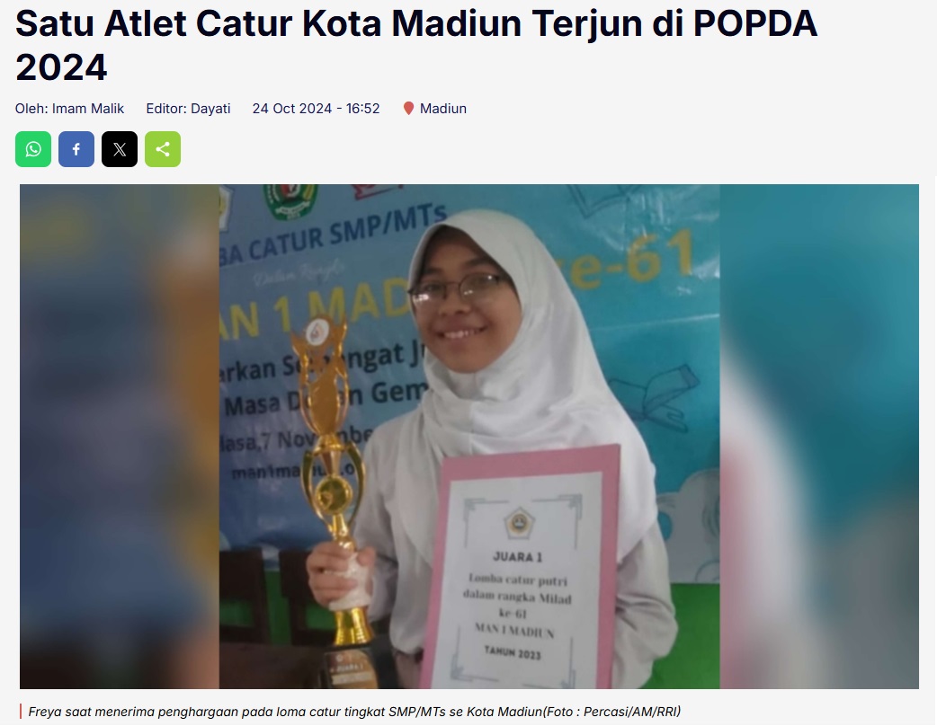 Satu Atlet Catur Kota Madiun Terjun di POPDA 2024