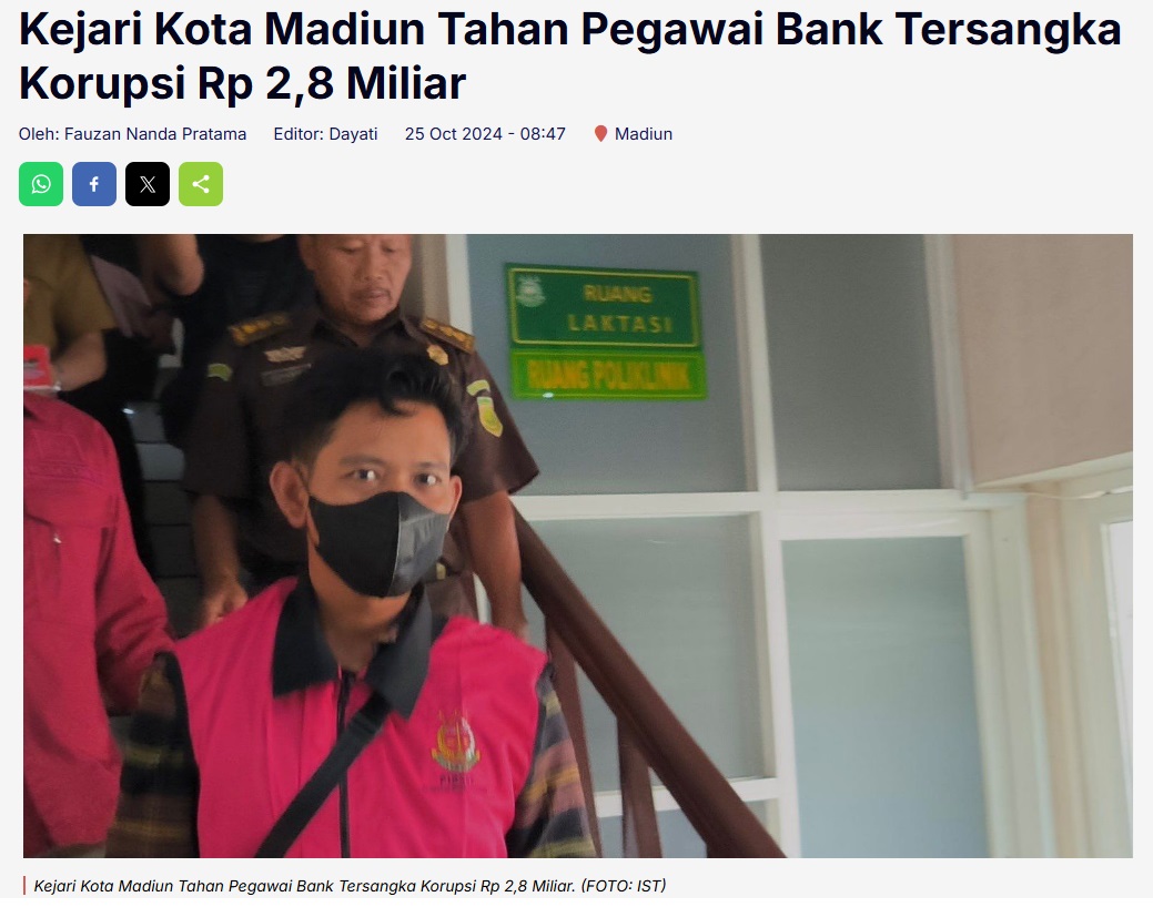 Kejari Kota Madiun Tahan Pegawai Bank Tersangka Korupsi Rp 2,8 Miliar