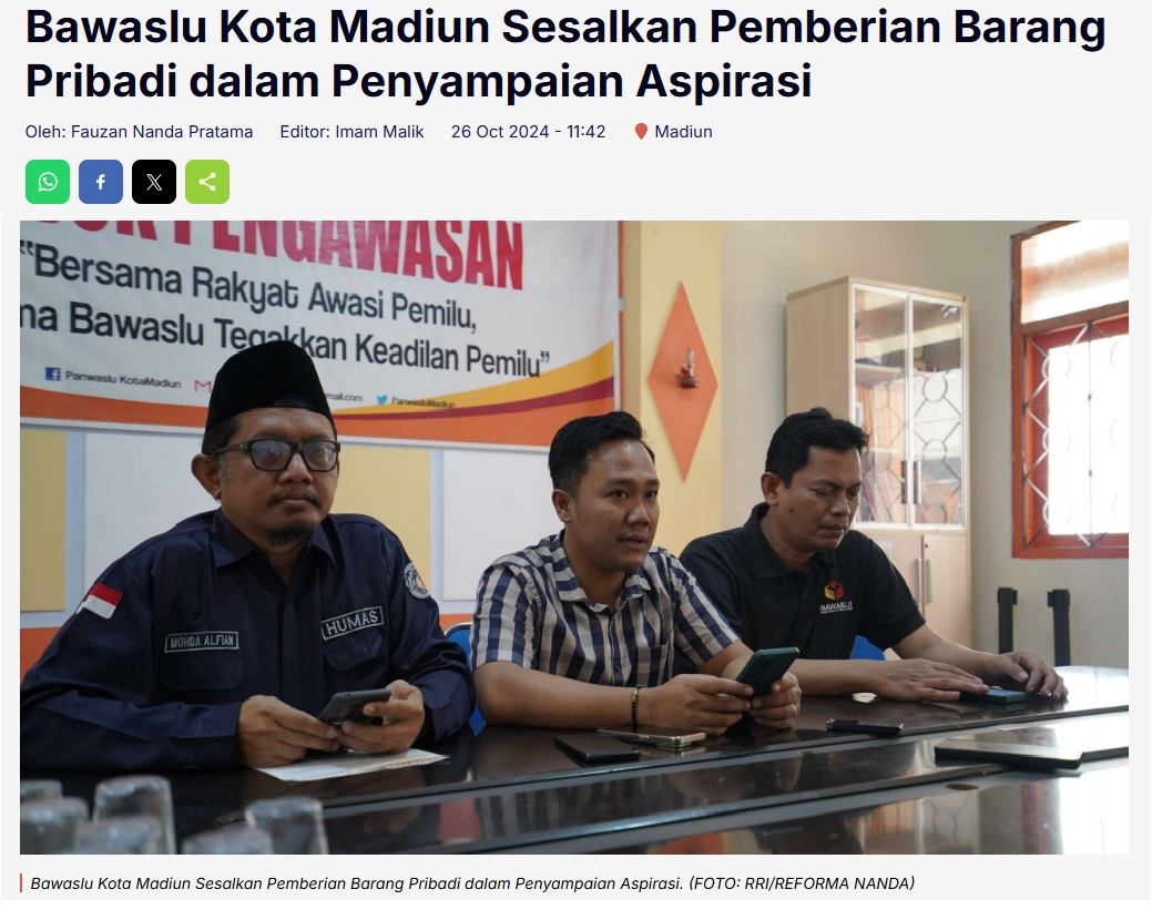 Bawaslu Kota Madiun Sesalkan Pemberian Barang Pribadi dalam Penyampaian Aspirasi
