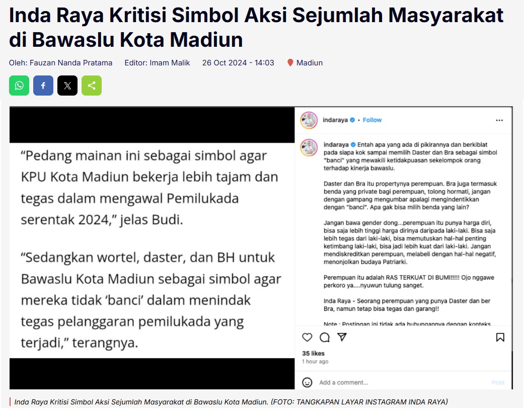 Inda Raya Kritisi Simbol Aksi Sejumlah Masyarakat di Bawaslu Kota Madiun
