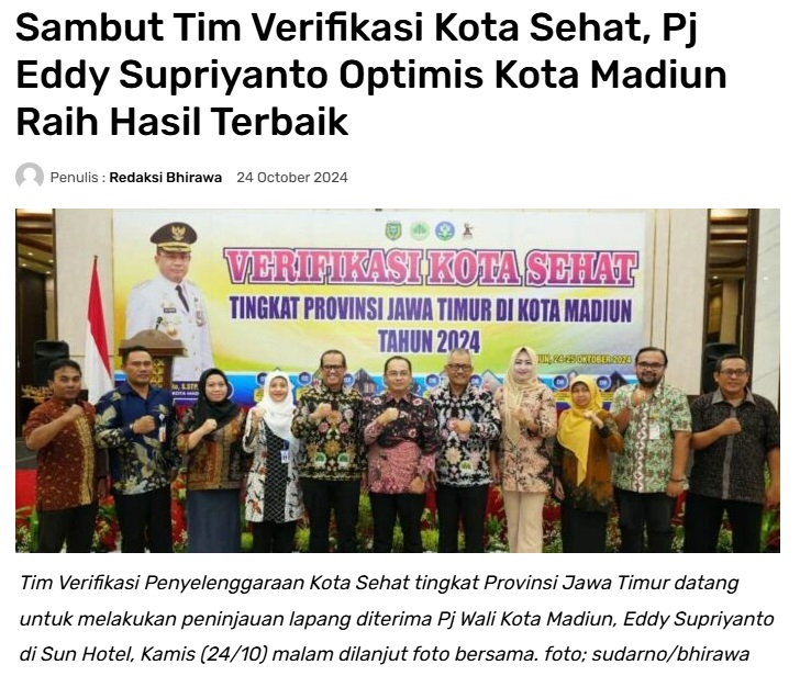 Sambut Tim Verifikasi Kota Sehat, Pj Eddy Supriyanto Optimis Kota Madiun Raih Hasil Terbaik