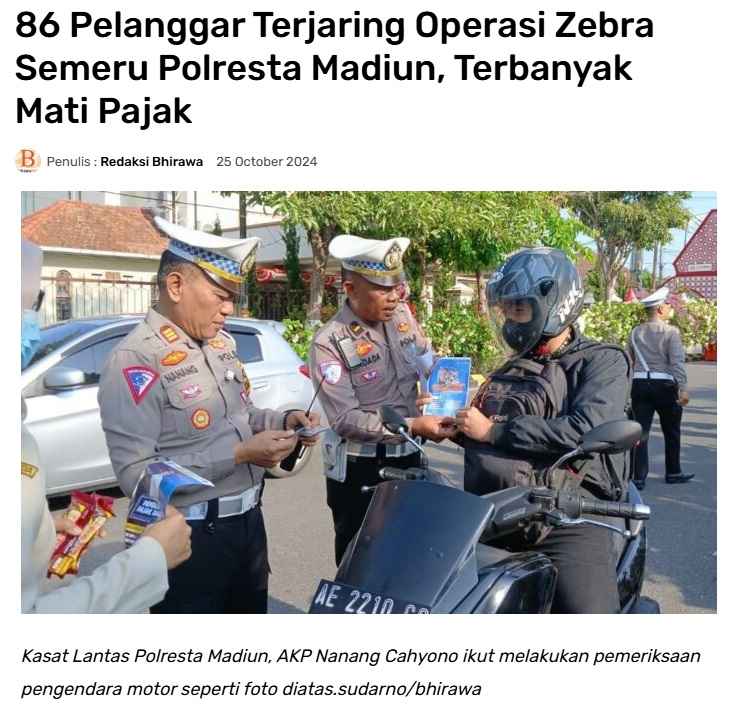 86 Pelanggar Terjaring Operasi Zebra Semeru Polresta Madiun, Terbanyak Mati Pajak