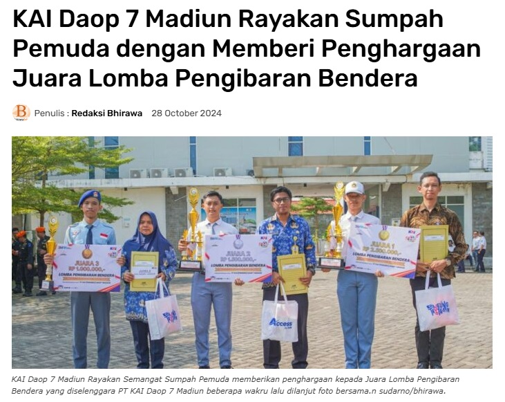 KAI Daop 7 Madiun Rayakan Sumpah Pemuda dengan Memberi Penghargaan Juara Lomba Pengibaran Bendera