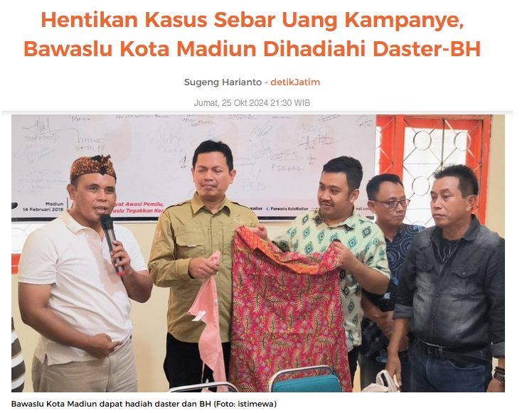 Hentikan Kasus Sebar Uang Kampanye, Bawaslu Kota Madiun Dihadiahi Daster-BH