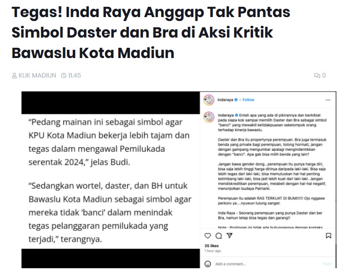 Tegas! Inda Raya Anggap Tak Pantas Simbol Daster dan Bra di Aksi Kritik Bawaslu Kota Madiun