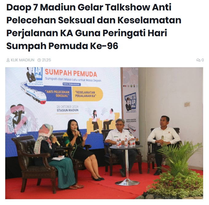 Daop 7 Madiun Gelar Talkshow Anti Pelecehan Seksual dan Keselamatan Perjalanan KA Guna Peringati Hari Sumpah Pemuda Ke-96