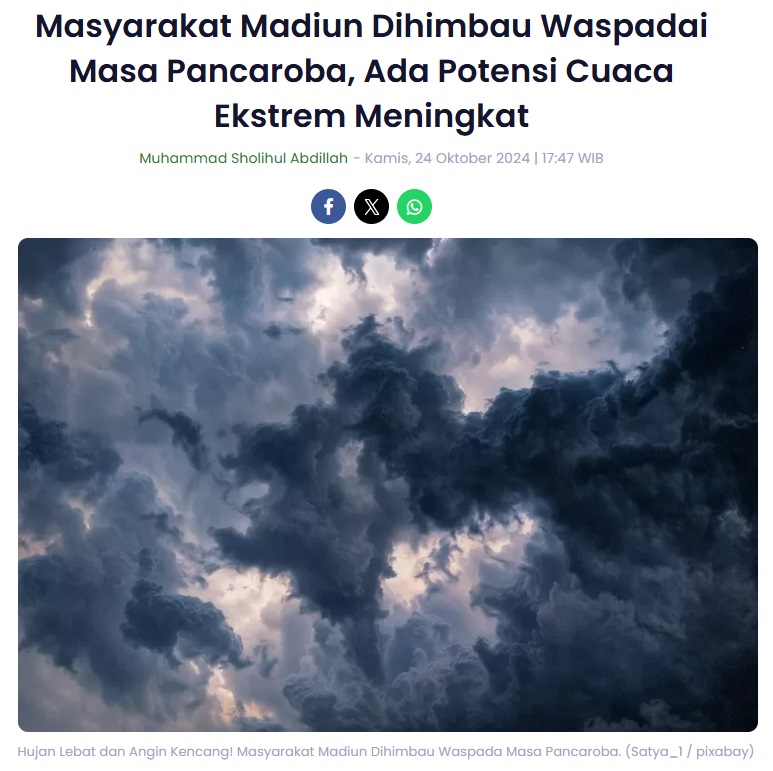 Masyarakat Madiun Dihimbau Waspadai Masa Pancaroba, Ada Potensi Cuaca Ekstrem Meningkat