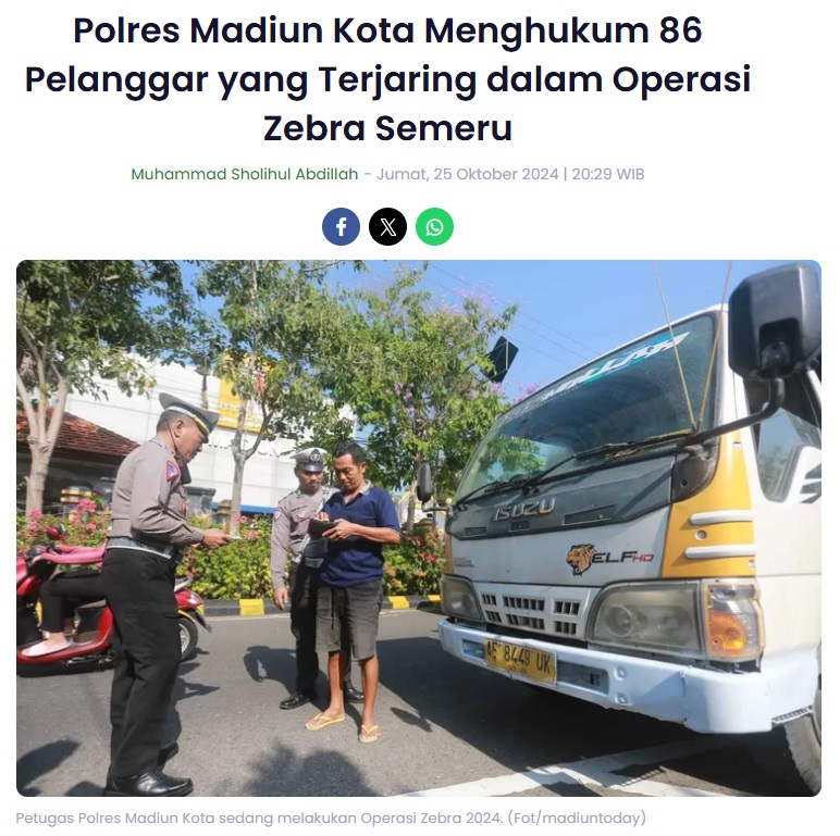 Polres Madiun Kota Menghukum 86 Pelanggar yang Terjaring dalam Operasi Zebra Semeru