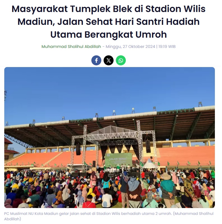 Masyarakat Tumplek Blek di Stadion Wilis Madiun, Jalan Sehat Hari Santri Hadiah Utama Berangkat Umroh