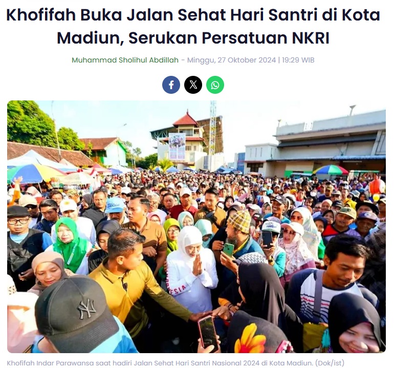 Khofifah Buka Jalan Sehat Hari Santri di Kota Madiun, Serukan Persatuan NKRI