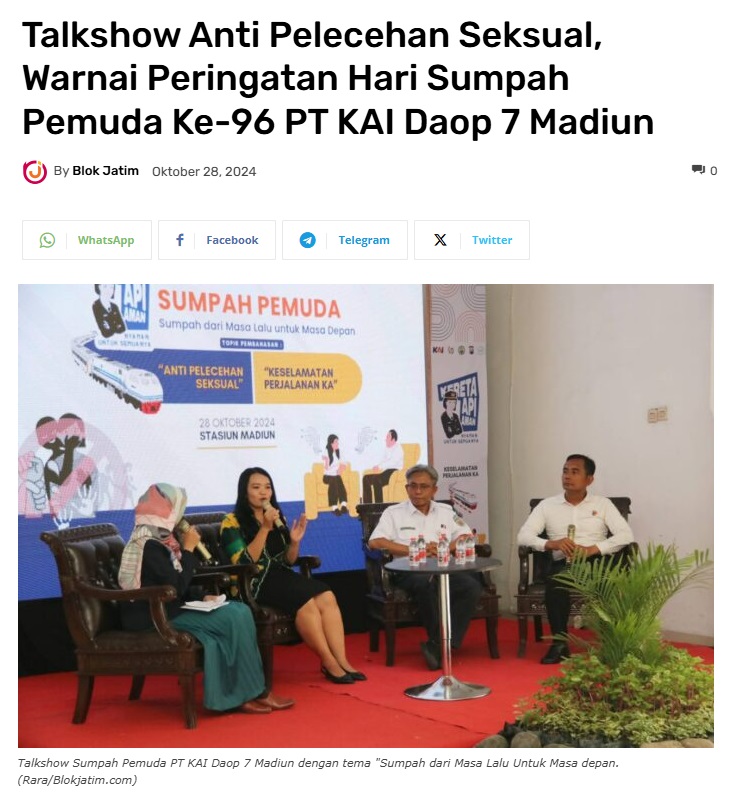 Talkshow Anti Pelecehan Seksual, Warnai Peringatan Hari Sumpah Pemuda Ke-96 PT KAI Daop 7 Madiun
