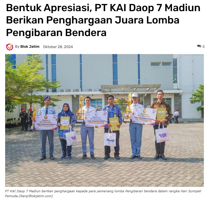 Bentuk Apresiasi, PT KAI Daop 7 Madiun Berikan Penghargaan Juara Lomba Pengibaran Bendera