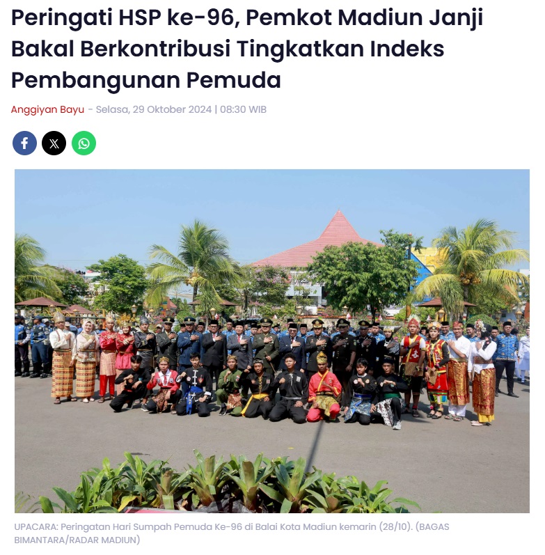 Peringati HSP ke-96, Pemkot Madiun Janji Bakal Berkontribusi Tingkatkan Indeks Pembangunan Pemuda