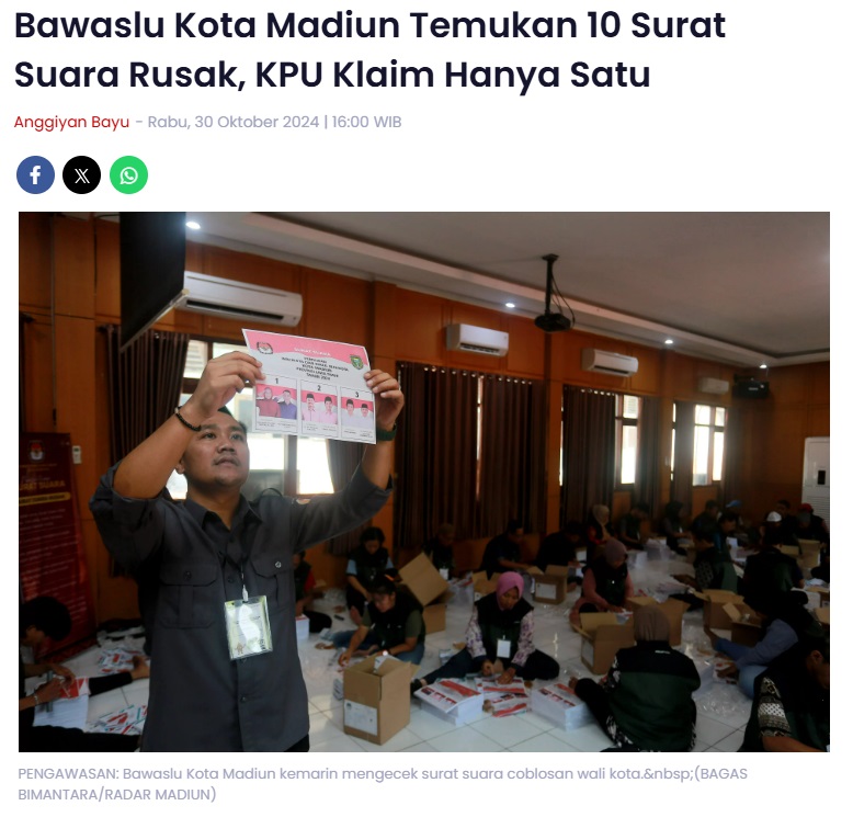 Bawaslu Kota Madiun Temukan 10 Surat Suara Rusak, KPU Klaim Hanya Satu