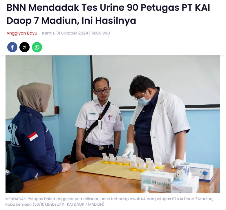 BNN Mendadak Tes Urine 90 Petugas PT KAI Daop 7 Madiun, Ini Hasilnya