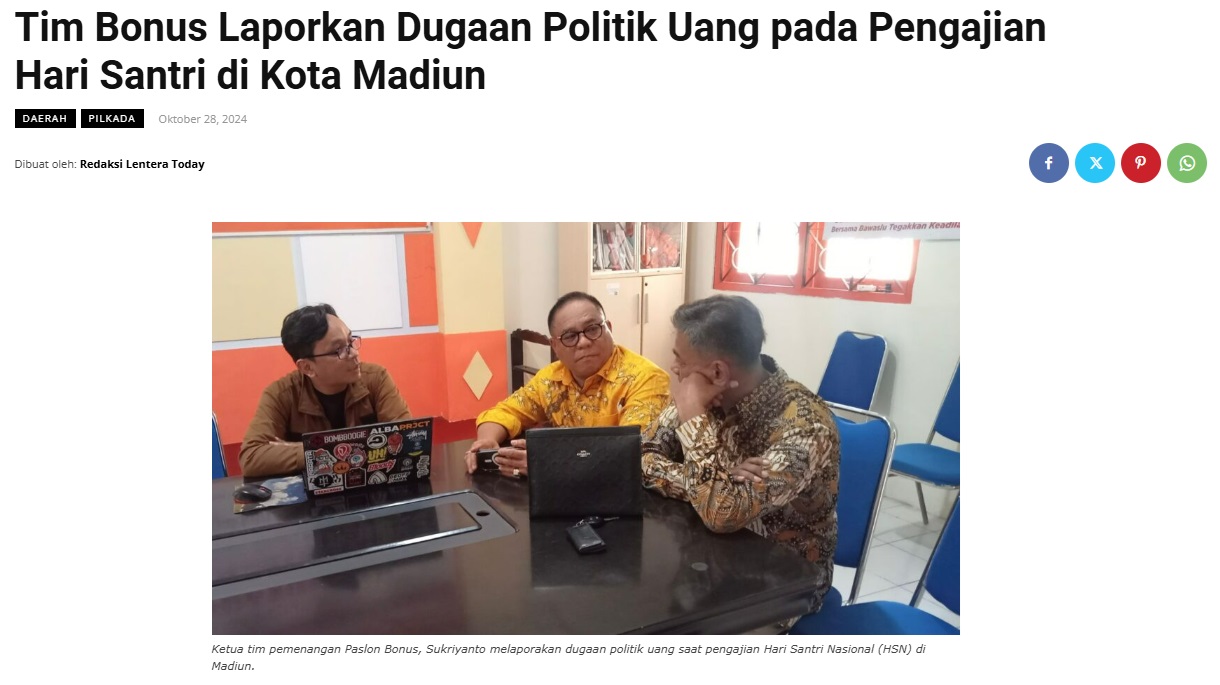 Tim Bonus Laporkan Dugaan Politik Uang pada Pengajian Hari Santri di Kota Madiun