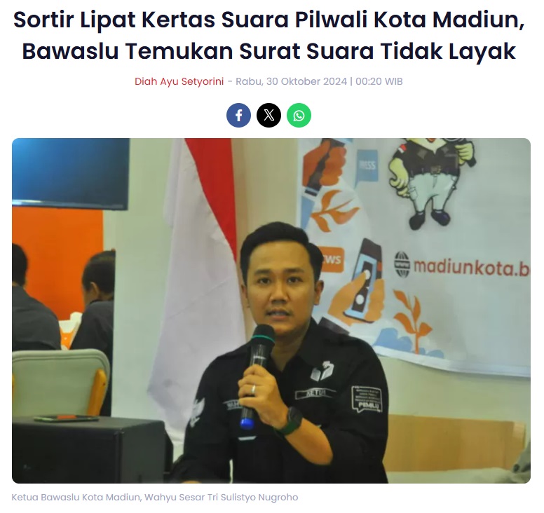 Sortir Lipat Kertas Suara Pilwali Kota Madiun, Bawaslu Temukan Surat Suara Tidak Layak