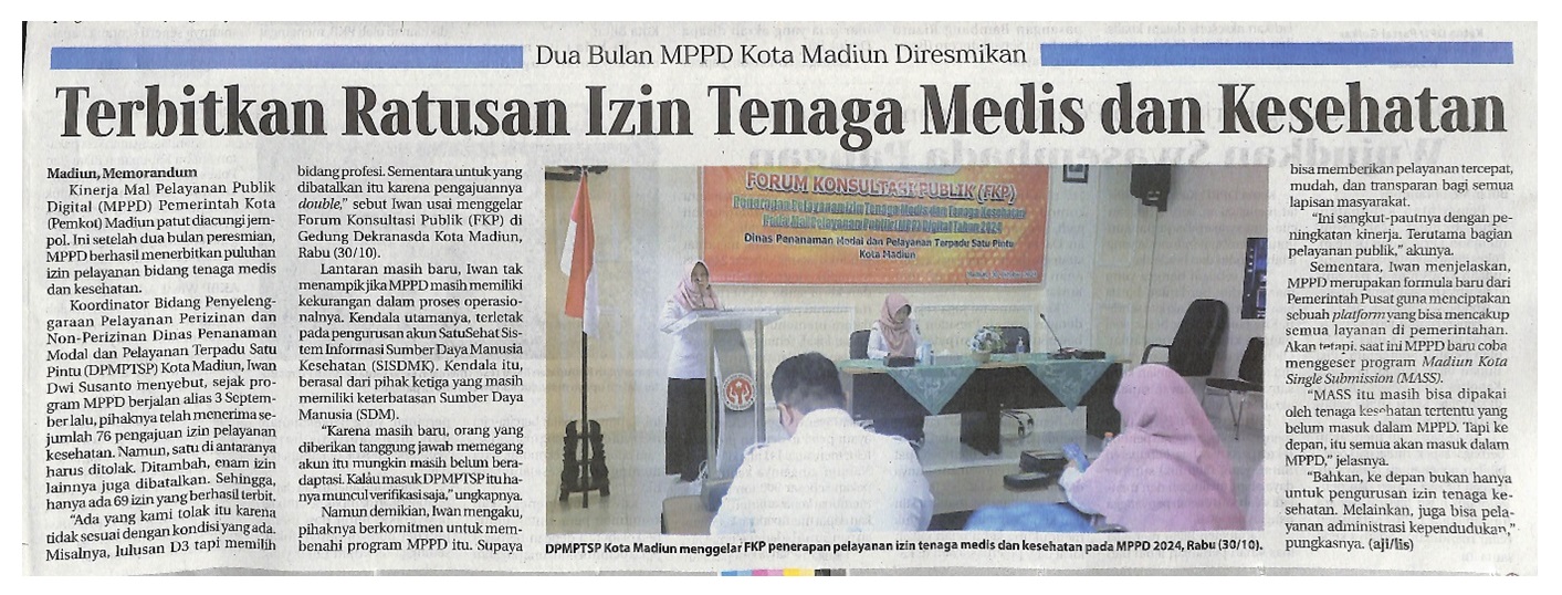 Dua Bulan MPPD Kota Madiun Diresmikan, Terbitkan Ratusan Izin Tenaga Medis dan Kesehatan