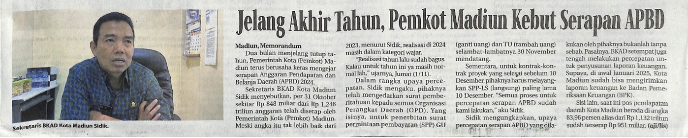 Jelang Akhir Tahun, Pemkot Madiun Kebut Serapan APBD