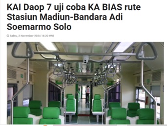 KAI Daop 7 uji coba KA BIAS rute Stasiun Madiun-Bandara Adi Soemarmo Solo