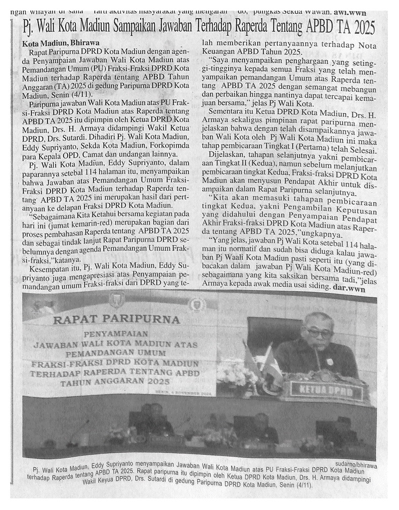 Pj Wali Kota Madiun Sampaikan Jawaban Terhadap Raperda Tentang APBD TA 2025
