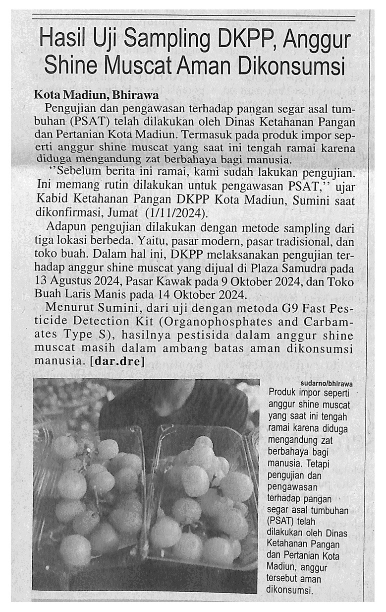 Hasil Uji Sampling DKPP, Anggur Shine Muscat Aman Dikonsumsi