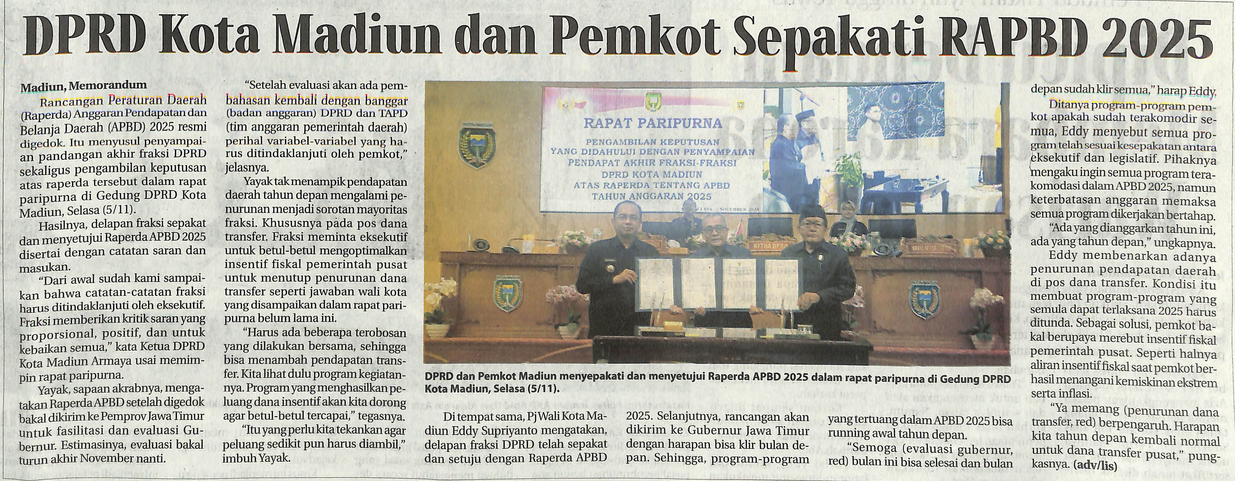 Pimpinan DPRD Bersama Pemkot Madiun Sepakati Raperda Tentang APBD Kota Madiun TA 2025  Ditetapkan Menjadi Perda Kedelapan Fraksi Memberikan Catatan, Saran, dan Masukan