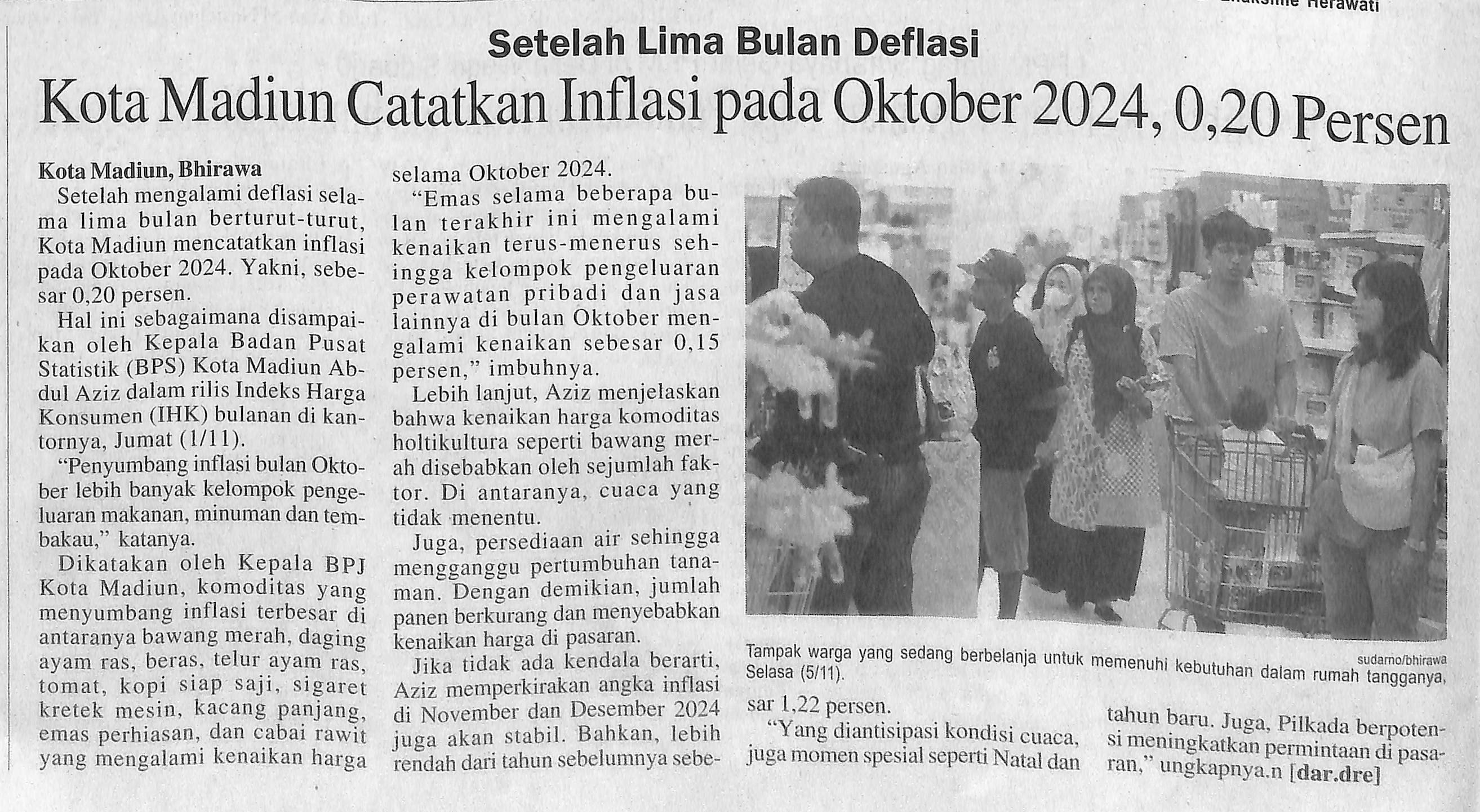Setelah Lima Bulan Deflasi Kota Madiun Catatkan Inflasi pada Oktober 2024, 0,20 Persen