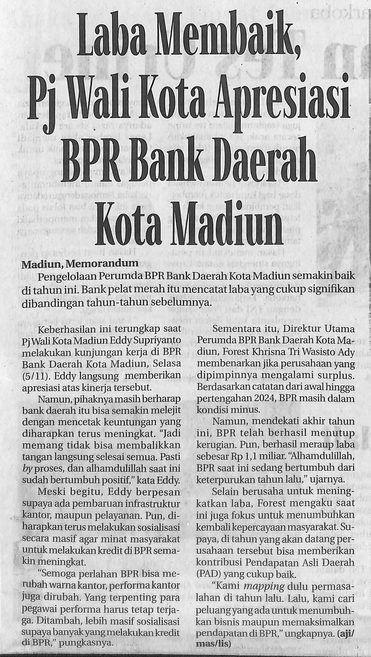 Laba Membaik, Pj Wali Kota Apresiasi BPR Bank Daerah Kota Madiun