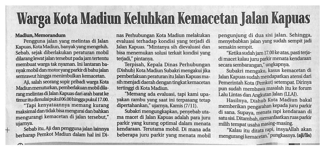 Warga Kota Madiun Keluhkan Kemacetan Jalan Kapuas