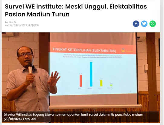 Survei WE Institute: Meski Unggul, Elektabilitas Paslon Madiun Turun