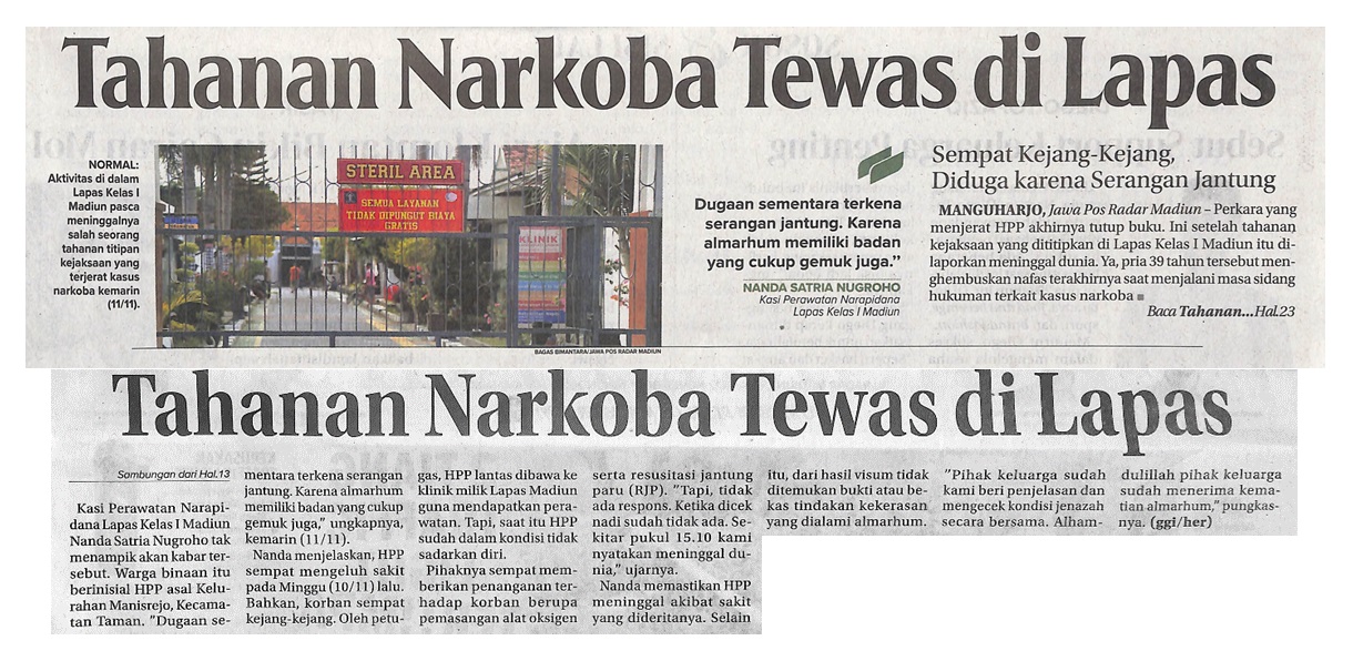 Tahanan Narkoba Tewas di Lapas Sempat Kejang-Kejang, Diduga karena Serangan Jantung