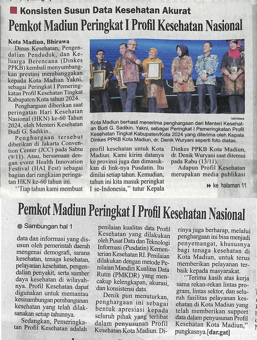 Pemkot Kota Madiun Peringkat 1 Profil Kesehatan Nasional
